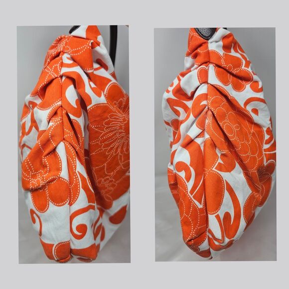 Saks Fifth Avenue Orange White Floral Fabric Shoulder Bag Slouch Hobo Lined - Picture 11 of 12